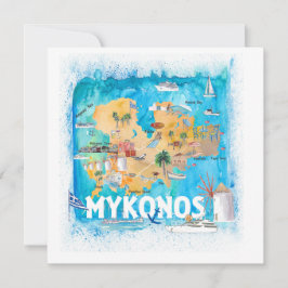 Tarjeta Mapa ilustrado de Mykonos Grecia con puntos de ref