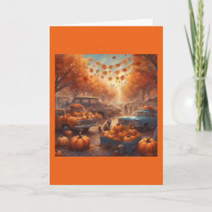 Tarjeta Mapache caprichoso vendiendo calabazas Halloween