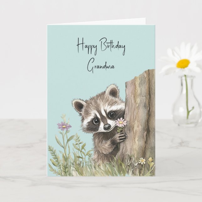 Tarjeta Mapache con Cumpleaños de Flor (Planta pequeña)