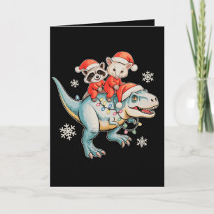 Tarjeta Mapache Zarigüeya Montando T Rex Sombrero de Santa