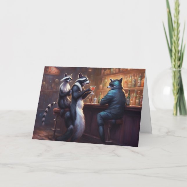 Tarjeta Mapaches tomando tragos en un bar hablando basura (Anverso)