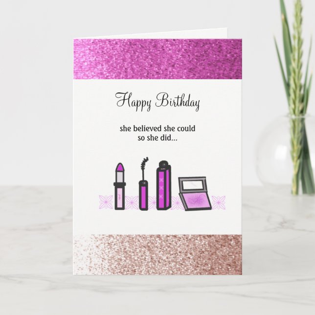 Tarjeta Maquillaje Morado Cumpleaños con Brillo Falso (Anverso)