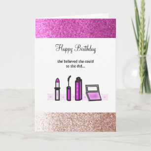 Tarjeta Maquillaje Morado Cumpleaños con Brillo Falso