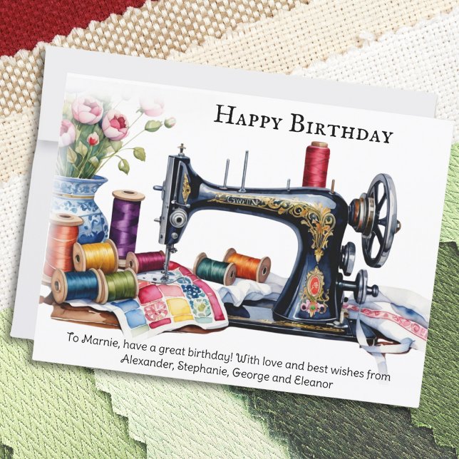 Tarjeta Máquina de coser de cosecha cosecha de algodón Ree (A pretty birthday card with vintage sewing machine picture in a watercolor style, and custom message)