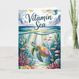Tarjeta Mar de Vitaminas Acuarela Tortuga Marina Bajo el A