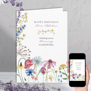 Tarjeta Maravilloso cumpleaños feliz con flor silvestre