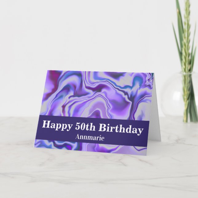 Tarjeta Marble azul y morado elegante 50 cumpleaños (Anverso)