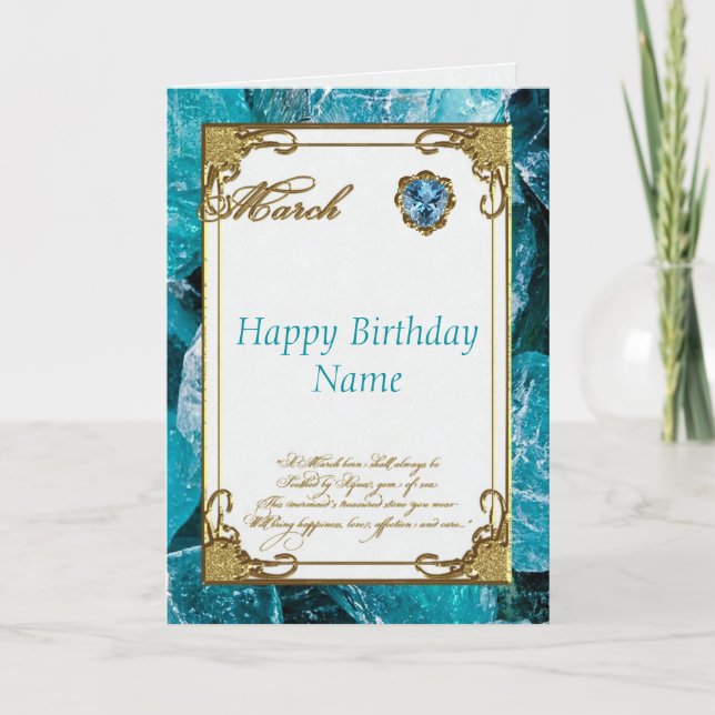 Tarjeta March Aquamarine Birthstone Birthday Card (Anverso)