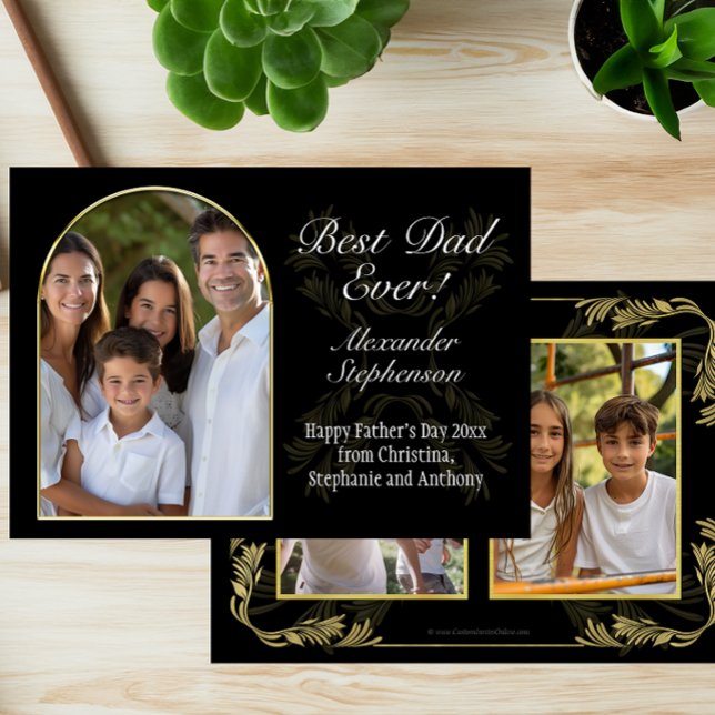 Tarjeta Marco arqueado Mejor Papá Nunca Padres Día 3 Foto (fathers day 3 photo card with arched window frame design)