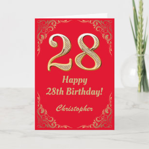 Tarjeta Marco de brillo rojo y dorado para cumpleaños 28