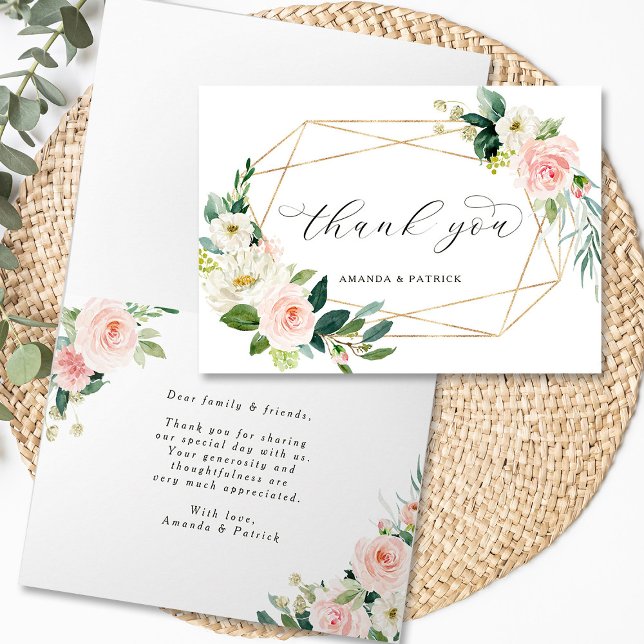 Tarjeta Marco de oro geométrico Rubor Floral rosa Gracias (Front & Inside)