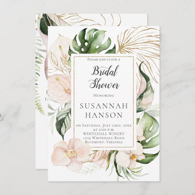 Tarjeta Marco floral dorado rosado RuborDucha tropical de  (Anverso / Reverso)