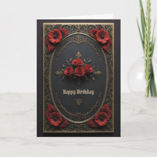 Tarjeta Marco gótico con flores rojas Cumpleaños