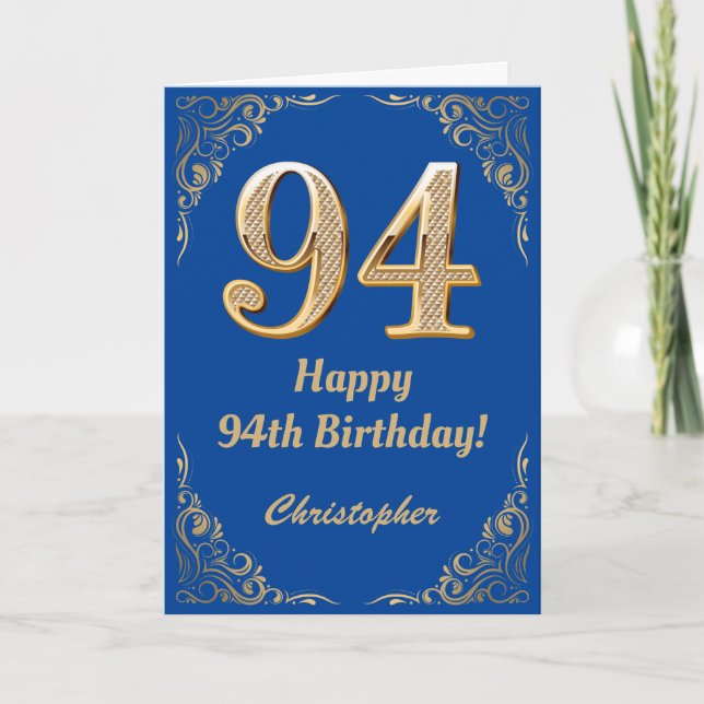 Tarjeta Marco Purpurina azul y dorado de cumpleaños 94 (Anverso)