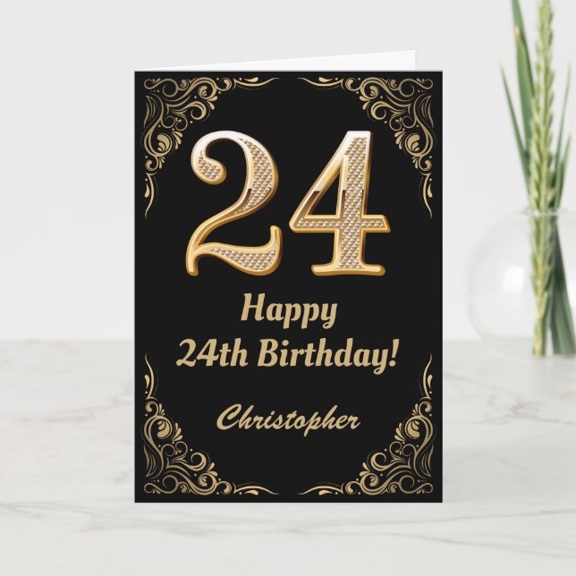Tarjeta Marco Purpurina de oro y negro de cumpleaños 24 (Anverso)