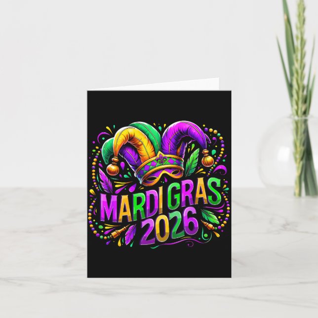 Tarjeta Mardi Gras 2026 Jester Hat Carnival New Orleans Fl (Anverso)