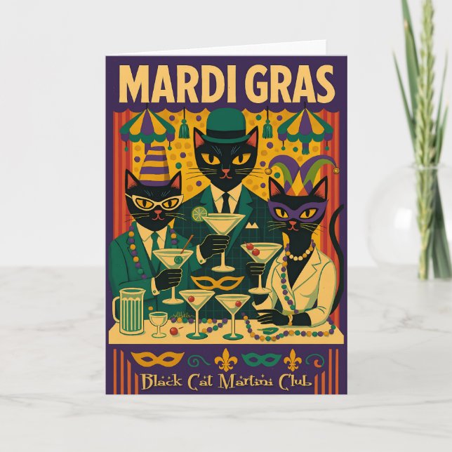 Tarjeta Mardi Gras Black Cat Martini Club Trio (Anverso)