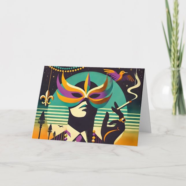 Tarjeta Mardi Gras de Mid Century Retro 60 El fumador (Anverso)