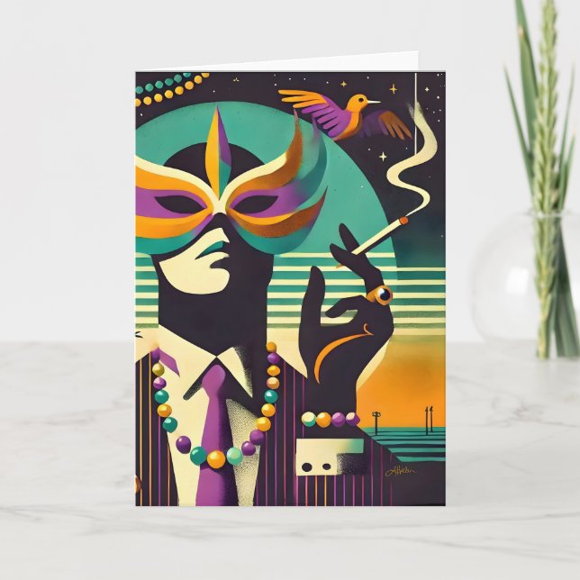 Tarjeta Mardi Gras de Mid Century Retro 60 El fumador (Anverso)