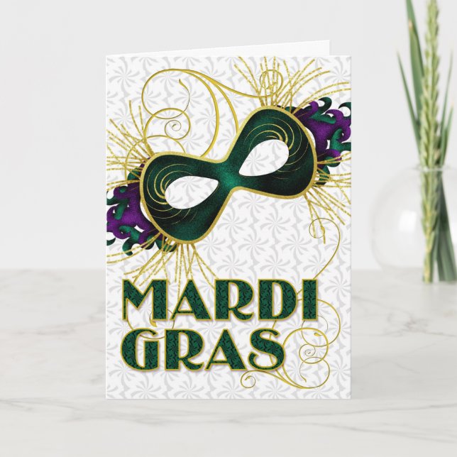 Tarjeta Mardi Gras en la máscara verde violeta de oro (Anverso)