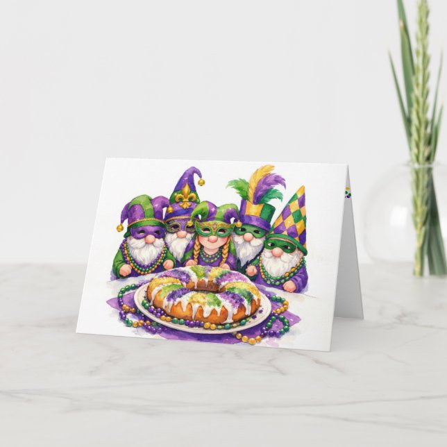 Tarjeta Mardi Gras Gnome Party With King Cake (Anverso)
