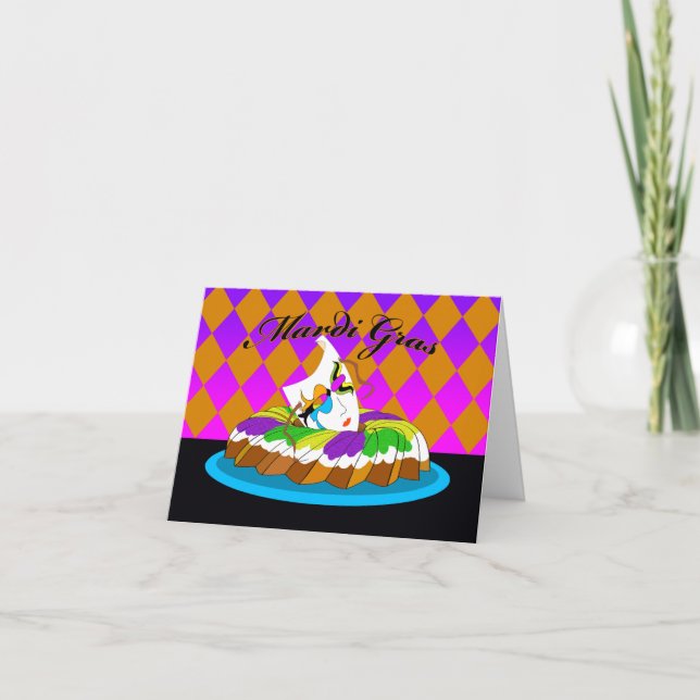 Tarjeta Mardi Gras, Pastel de Reyes con Máscara (Anverso)