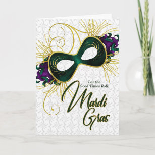 Tarjeta Mardi Gras Violet Gold y Máscara Verde