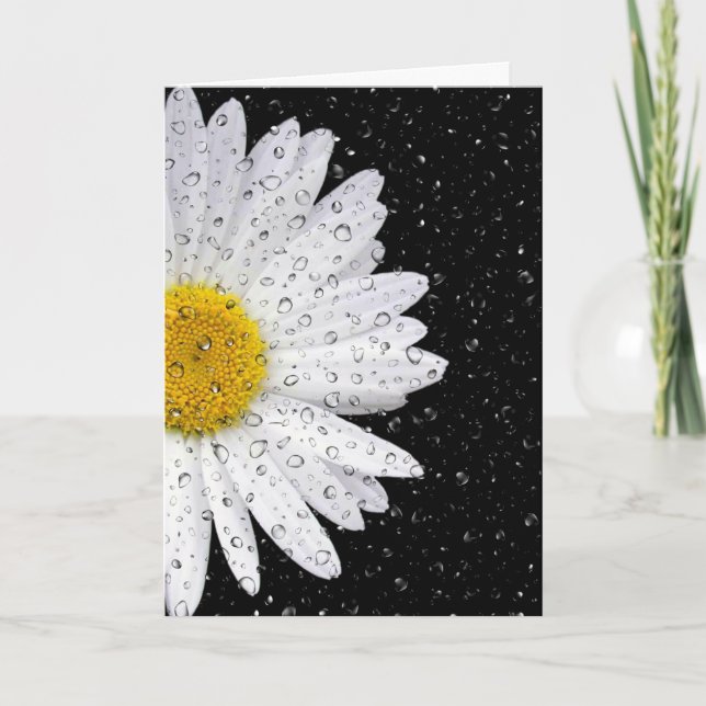 Tarjeta margarita blanca con gotas de lluvia pensando en t (Anverso)