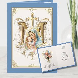 Tarjeta María Jesús Floral Escritura Azul Dorado 