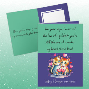 Tarjeta Marido 10° Aniversario gatos púrpura verde