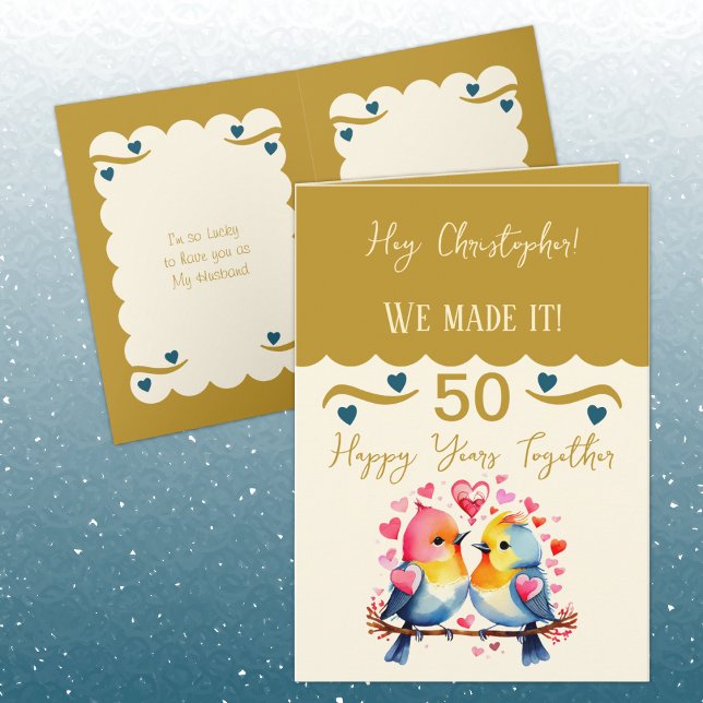 Tarjeta Marido 50 años pájaros dorados azul (Subido por el creador)