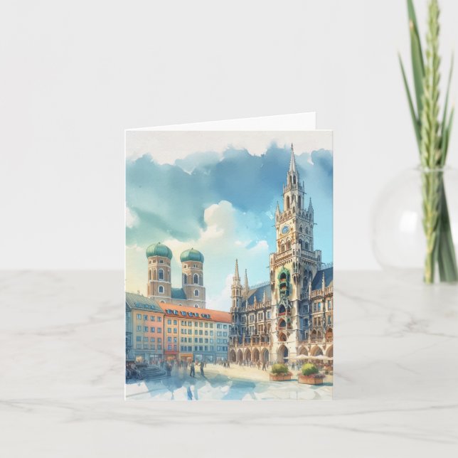 Tarjeta Marienplatz Munich Alemania Watercolor (Anverso)