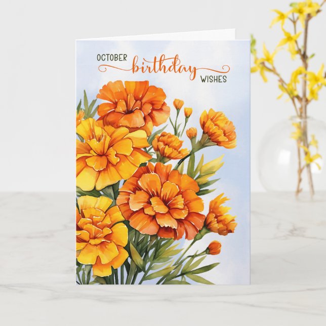 Tarjeta Marigoles para el cumpleaños de octubre (flor amarilla)