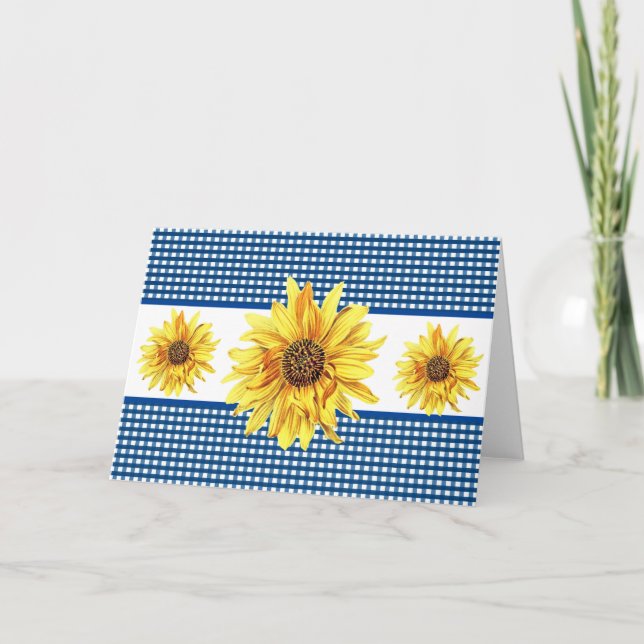 Tarjeta Marina y blanco Gingham Sunflower Blank dentro (Anverso)