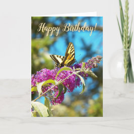 Tarjeta Mariposa Amarilla en Flores Rosadas Cumpleaños