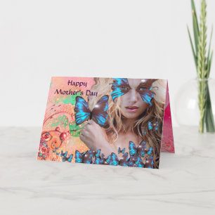 TARJETA MARIPOSA AZUL EN DESTELLOS DE ROSA VERDE Y ORO