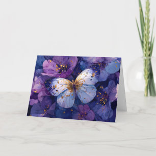 Tarjeta Mariposa Azul sobre Flores Púrpuras