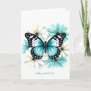 Tarjeta Mariposa Azul y Acuarela Floral de Agua