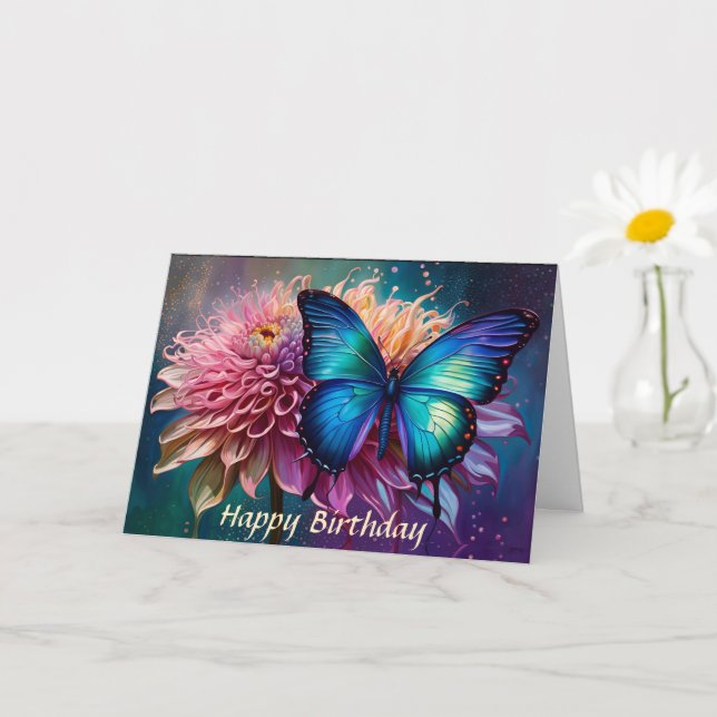 Tarjeta Mariposa azul y Dahlia (Planta pequeña)