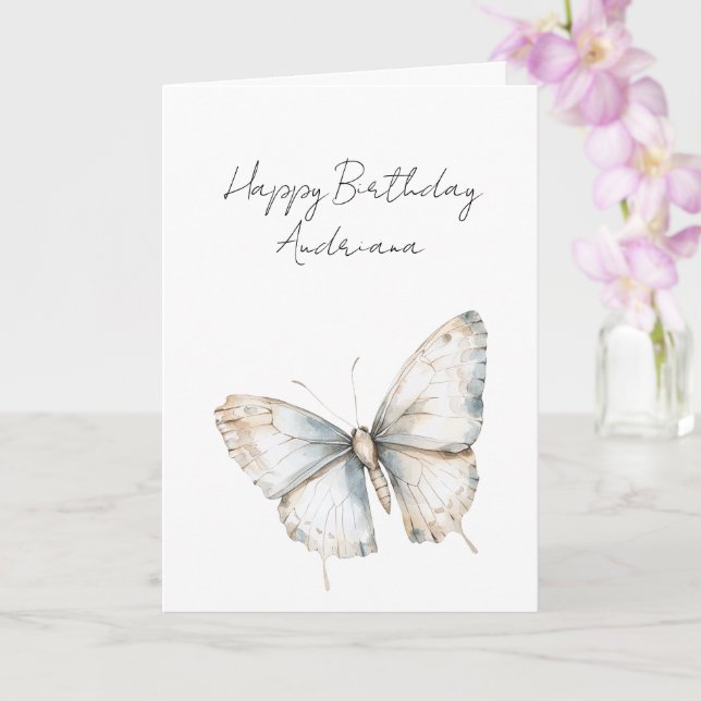 Tarjeta Mariposa Blanca Azul Bonita Cumpleaños Floral (Orquídea)