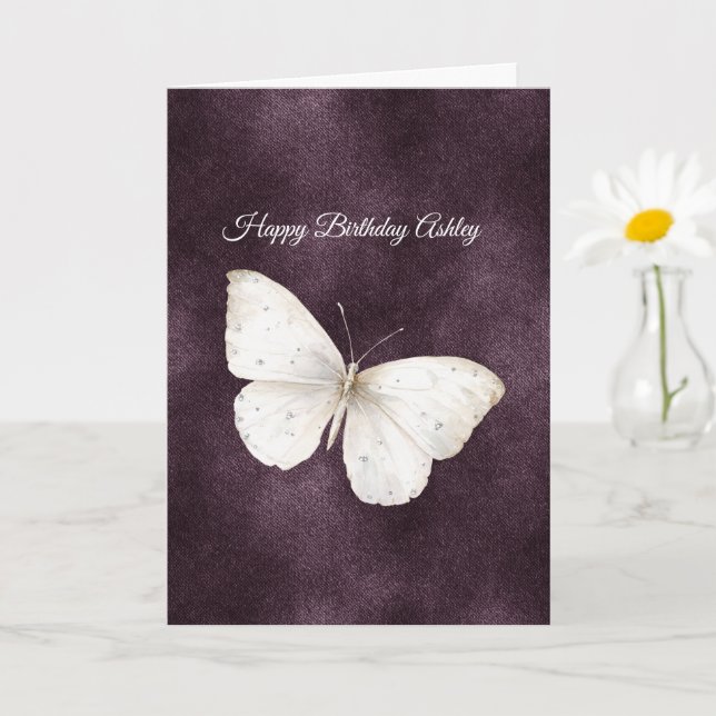 Tarjeta Mariposa Blanca Cumpleaños Púrpura (Planta pequeña)