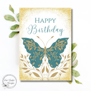 Tarjeta Mariposa Botánica Elegante Verde Azul Cumpleaños F