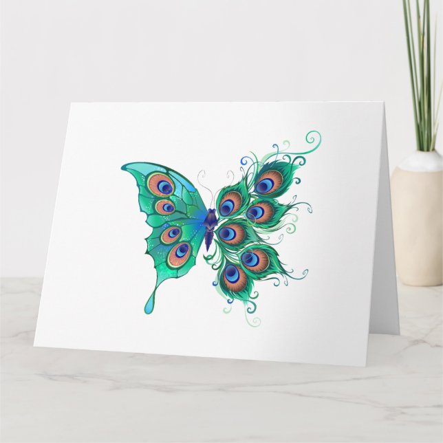 Tarjeta Mariposa con plumas de pavo real verde (Anverso)