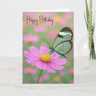 Tarjeta Mariposa de Alas de Vidrio de Cumpleaños en una Fl
