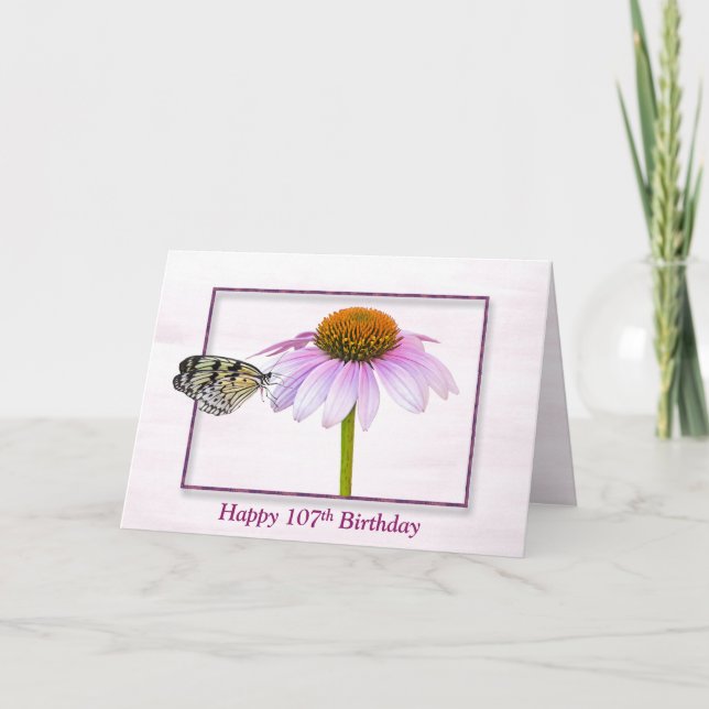 Tarjeta Mariposa de cumpleaños 107 en flor de cono (Anverso)