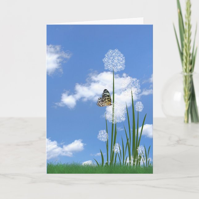 Tarjeta mariposa de cumpleaños sobre la flor de puff (Anverso)