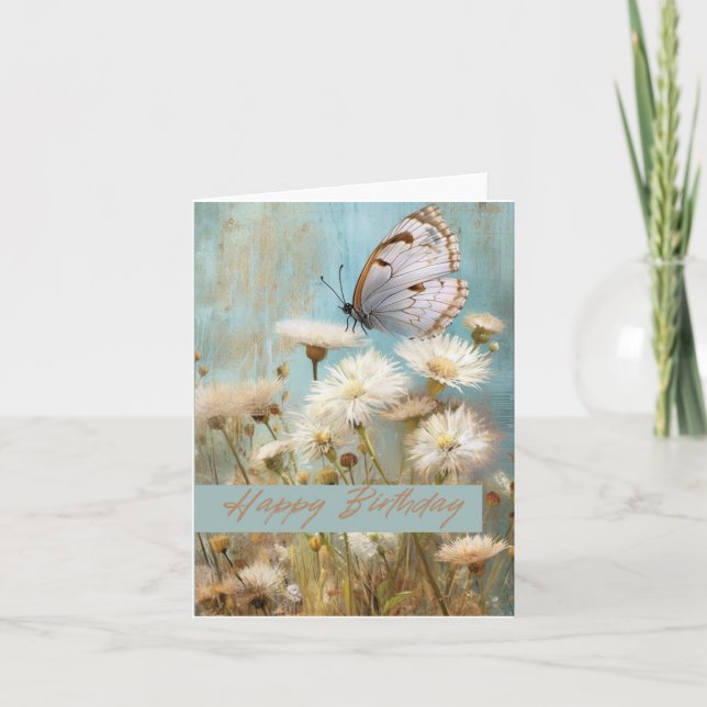 Tarjeta Mariposa de flor de cumpleaños feliz plegada abier (Anverso)