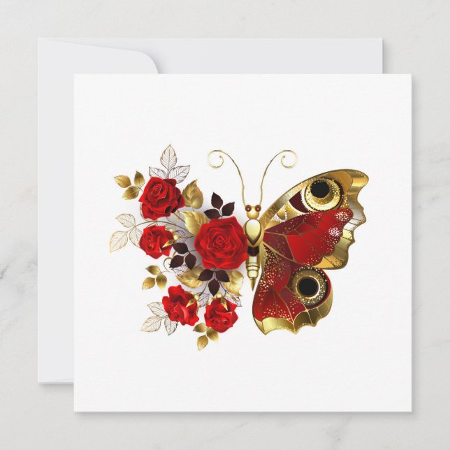 Tarjeta Mariposa de flor roja con rosas rojas (Anverso)