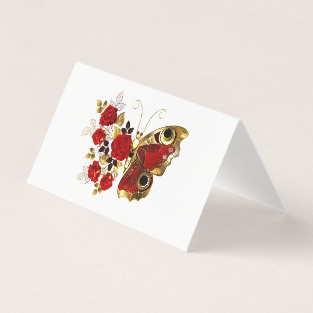 Tarjeta Mariposa de flor roja con rosas rojas (Anverso)