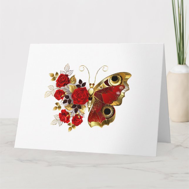 Tarjeta Mariposa de flor roja con rosas rojas (Anverso)